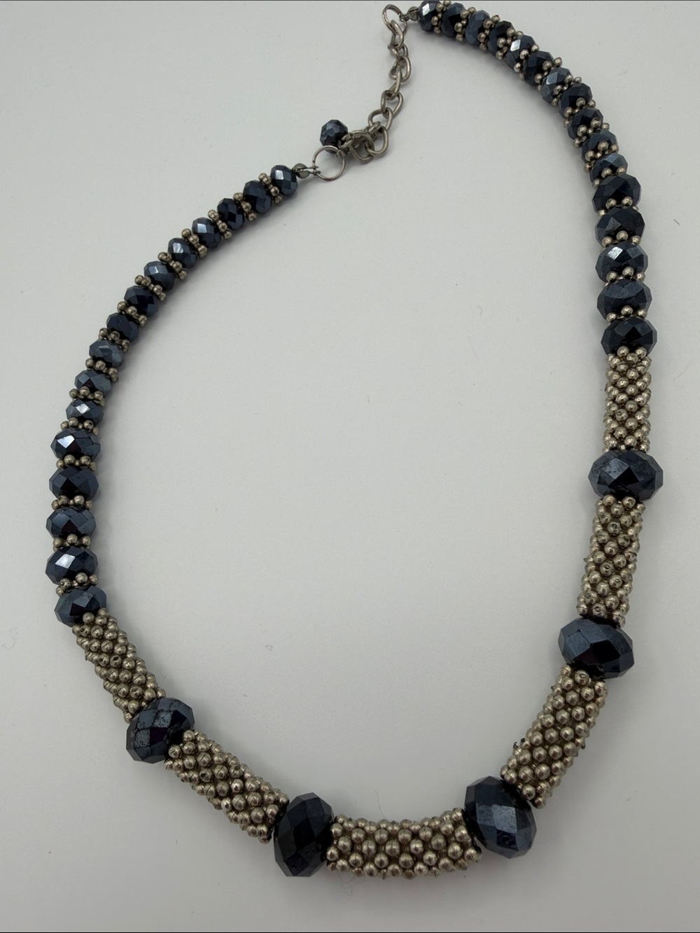 Handcrafted Gold Beaded Necklace with Blue Crystal Accents